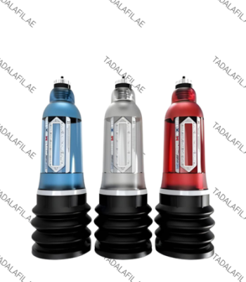Three vacuum therapy pump devices in blue, silver, and red colors with accordion-style bases for enhanced pressure control.