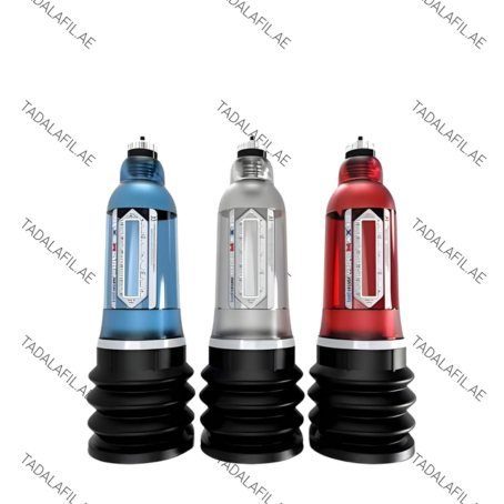 Three vacuum therapy pump devices in blue, silver, and red colors with accordion-style bases for enhanced pressure control.