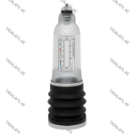 Three colored male vacuum pump devices in blue, silver, and red with ribbed black bases, displayed on a white background.