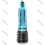 Blue male enhancement pump device with black base isolated on a white background.