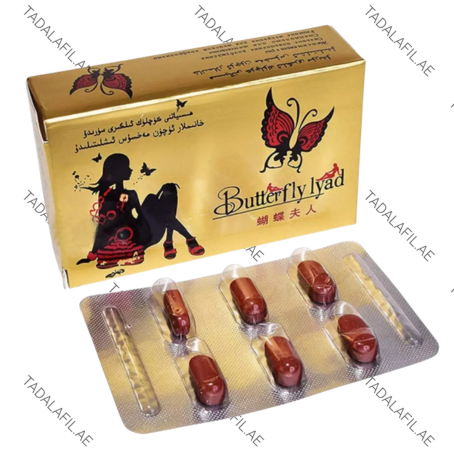 Butterfly Lyad Female Enhancement Pills box and capsule blister pack on white background