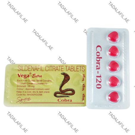 Cobra 120mg sildenafil citrate tablets blister pack on white background