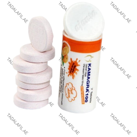 Kamagra Effervescent 100 tablet tube and stacked tablets on white background