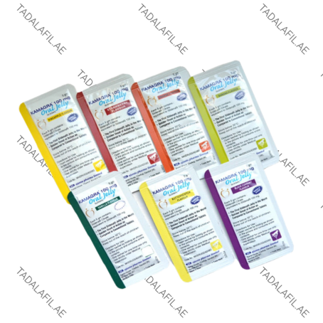 Kamagra Oral Jelly 100mg flavored sachets on white background