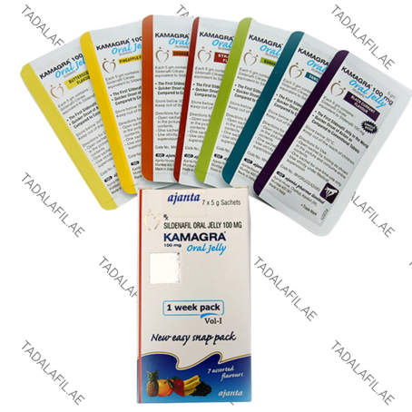 Kamagra Oral Jelly 100mg sachets and packaging box on white background