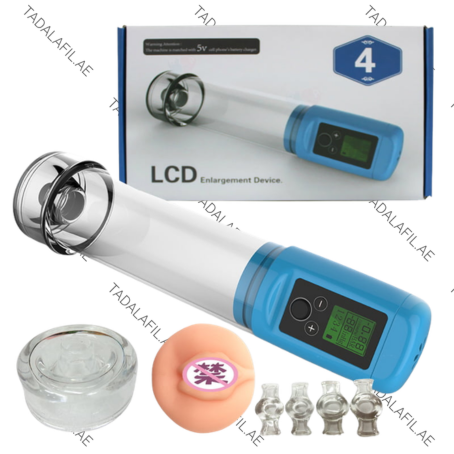 Electric LCD Penis Pump device and accessories on white background