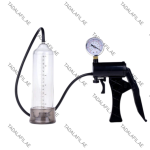 Pistol Penis Pump with pressure gauge and transparent cylinder on white background