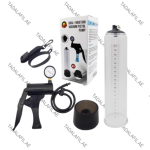 Pistol Penis Pump with gauge, accessories, and packaging box on white background