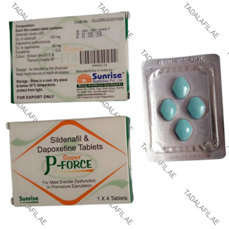 Super P Force sildenafil and dapoxetine tablets blister pack and packaging on white background