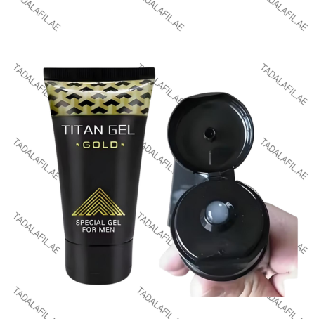 Titan Gel Gold special gel for men tube with open cap on white background