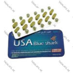 USA Blue Shark Pills blister pack and tin packaging on white background