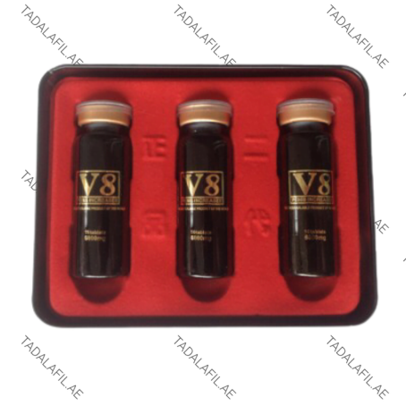 V8 Pills for Sex Delay bottles in premium tray packaging on white background