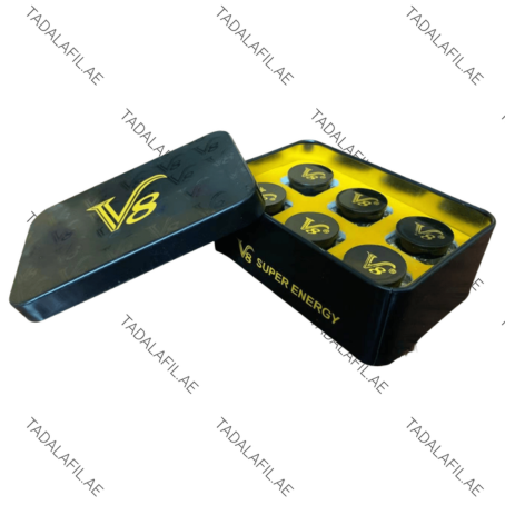 V8 Super Energy Pills tin box with capsule containers on white background
