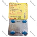 Vega 100 Sildenafil Citrate tablets blister pack with blue tablets on white background