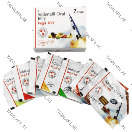 Vega 100mg Sildenafil Oral Jelly sachets and packaging box on white background