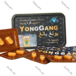 Yonggang Sex Power Tablet tin packaging and blister tablets on white background