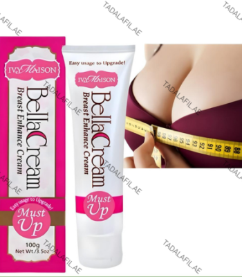 IVY MAISON Bella Cream Breast Enhance Cream product packaging and tube displayed beside a close-up image of a woman measuring her