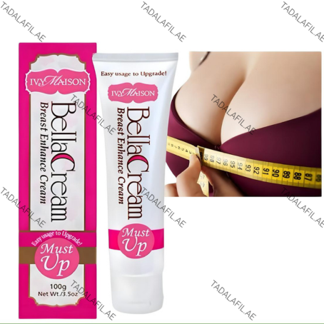 IVY MAISON Bella Cream Breast Enhance Cream product packaging and tube displayed beside a close-up image of a woman measuring her