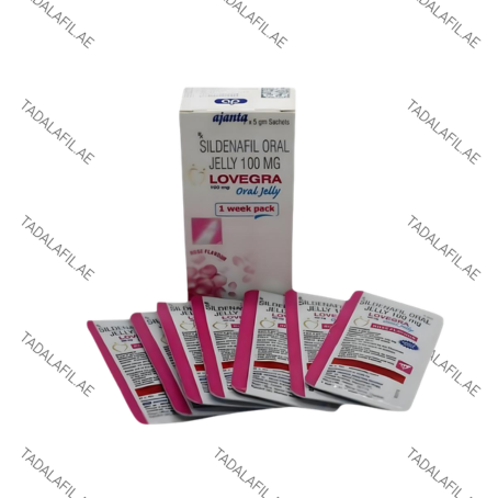 Lovegra sildenafil oral jelly 100mg sachets with product box on white background