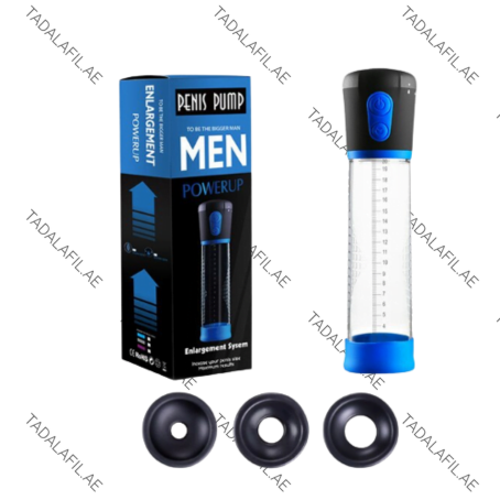 Electric Penis Enhancement Pump Men PowerUp device and packaging on white background