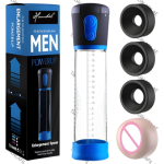 Electric men’s vacuum pump device with transparent measuring cylinder, blue and black control unit, three interchangeable comfort sleeves, and retail packaging labeled “Men Power Up Enlargement System.”