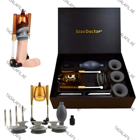 Size Doctor Pro Extender in UAE premium male enhancement kit featuring adjustable extender device, vacuum therapy accessories, silicone comfort rings, support rods, hand pump, and luxury storage box.