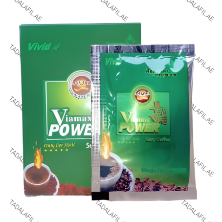 Viamax Power Sexy Coffee sachet and green box packaging with coffee cup image and herbal coffee branding for men.